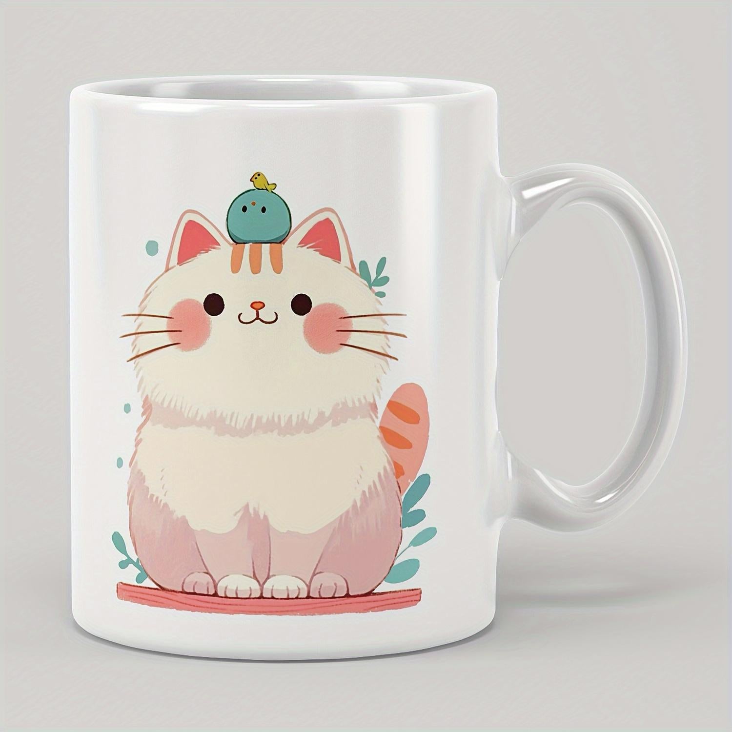 Tailorly White Ceramic 11 oz Mug - Adorable Chubby White Feline Sitting Patiently With Tiny Blue Bird Cat