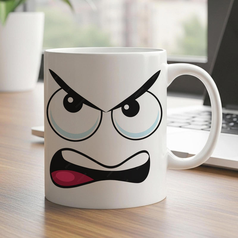 Tailorly White Ceramic 11 oz Mug - Cartoon Angry Expression With Furrowed Brows And Open Mouth Face