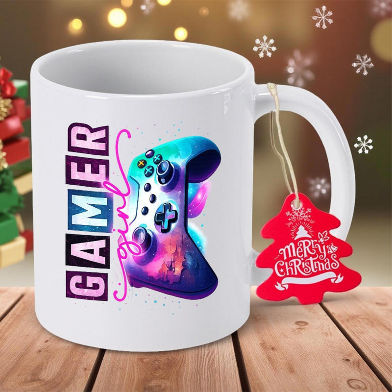 Tailorly White Ceramic 11 oz Mug - Gamer Girl Vibrant Nebula Texture Wireless Remote Game Device Floating In Space Controller
