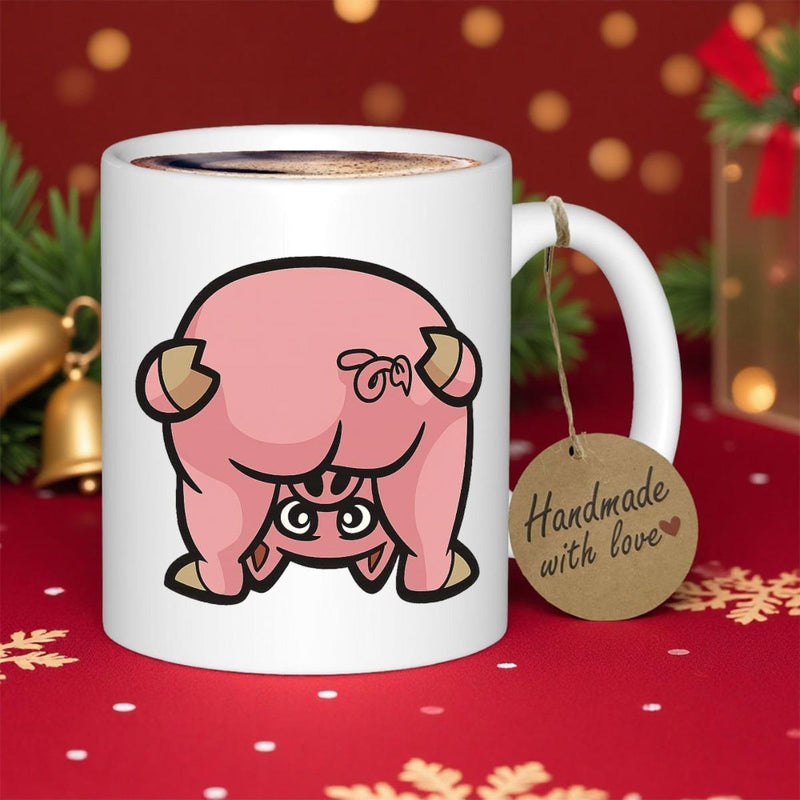 Tailorly White Ceramic 11 oz Mug - Handmade With Love Funny Pink Cartoon Animal Looking Through Back Legs From Behind Pig
