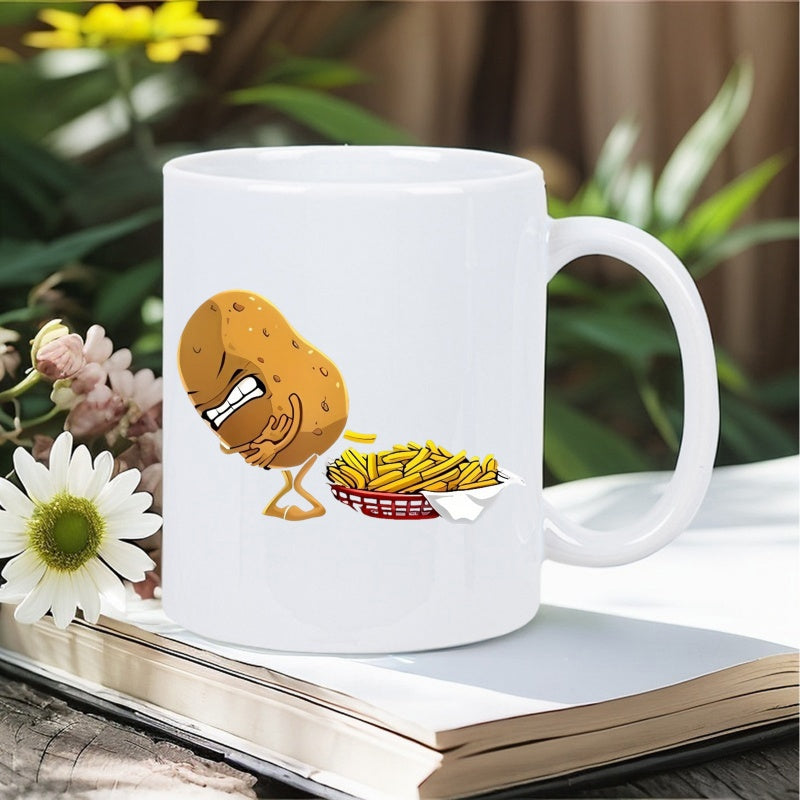 Tailorly White Ceramic 11 oz Mug - Funny Cartoon Character Pooping Crispy Golden French Fries Into Basket Potato