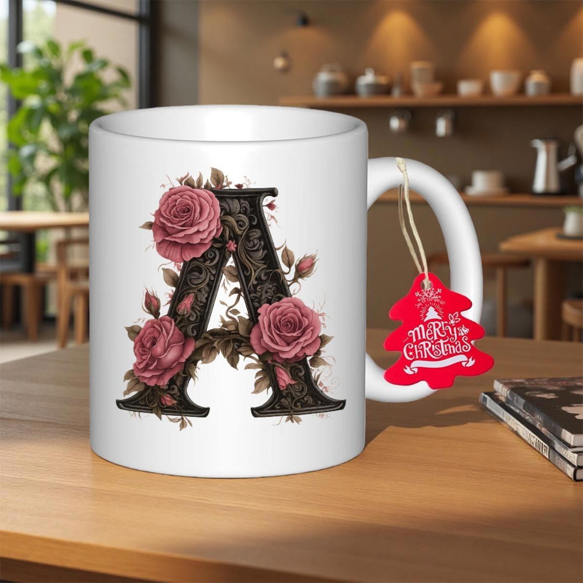 Tailorly White Ceramic 11 oz Mug - Merry Christmas Elegant Vintage Letter A With Blooming Pink Roses And Leaves Alphabet