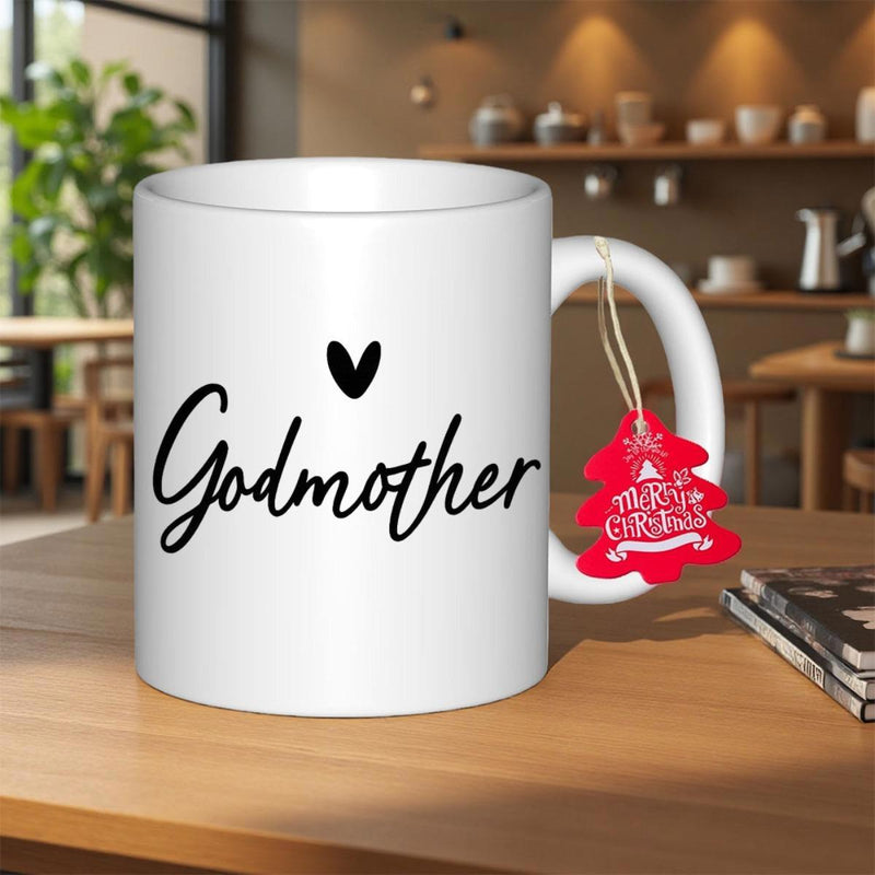 Tailorly White Ceramic 11 oz Mug - Godmother Minimalist Black Heart Floating Above Elegant Handwritten Script Design