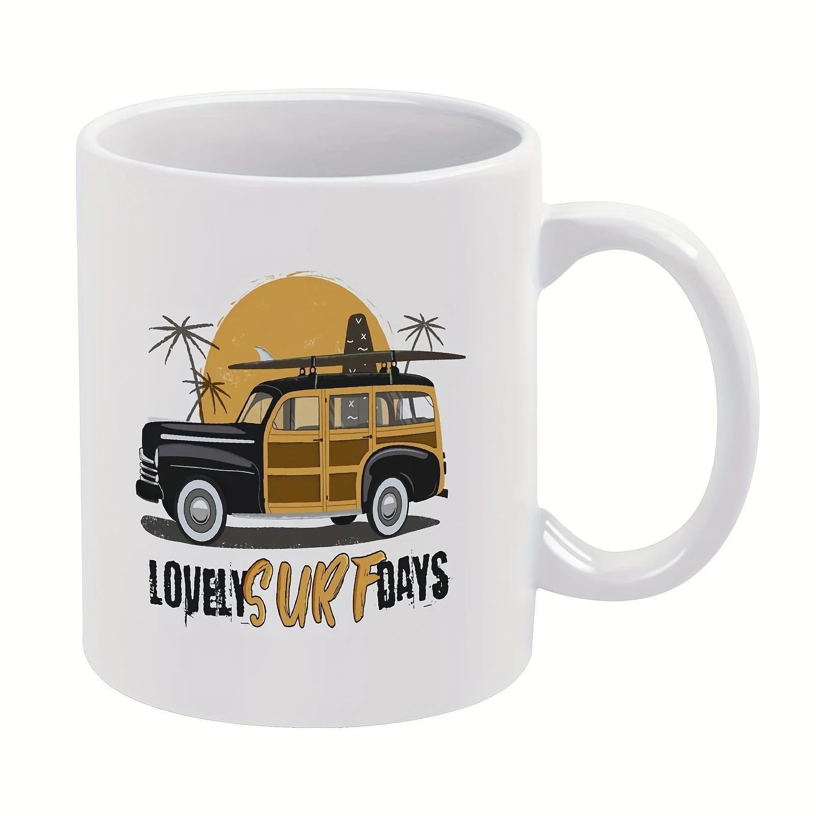 Tailorly White Ceramic 11 oz Mug - Lovely Surf Days Vintage Retro Car Carrying Surfboards Under A Golden Sun Wagon