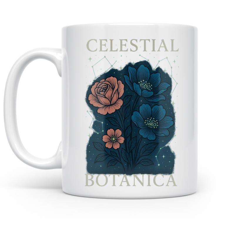 Tailorly White Ceramic 11 oz Mug - Celestial Botanica Elegant Floral Arrangement With Constellation Lines And Muted Natural Tones Flower