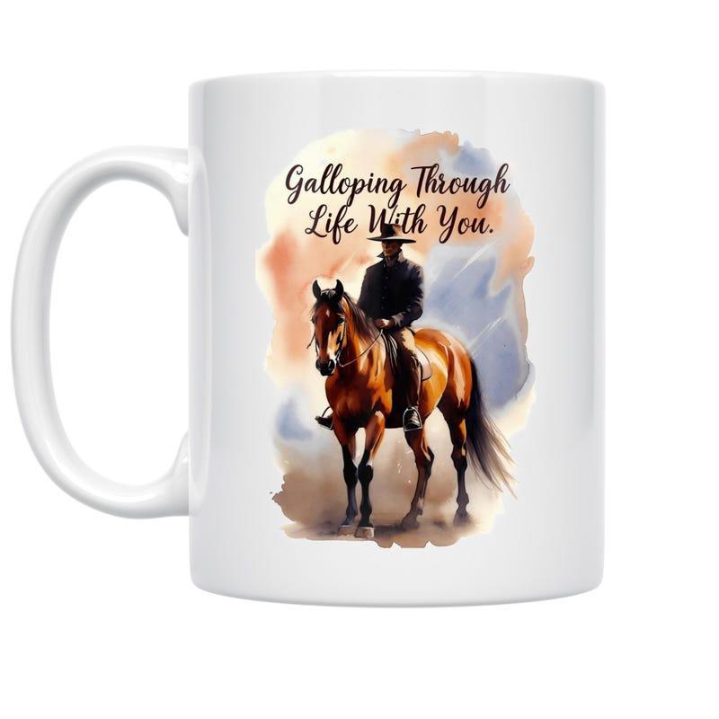 Tailorly White Ceramic 11 oz Mug - Galloping Through Life With You Majestic Brown Stallion Trotting Gracefully Within A Soft Textured Watercolor Sunset Horse