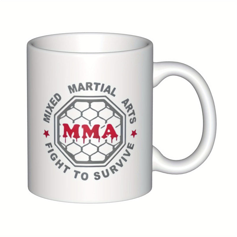 Tailorly White Ceramic 11 oz Mug - Mixed Martial Arts MMA Fight To Survive Industrial Octagonal Cage Design With Chain Link Fence Pattern Mug