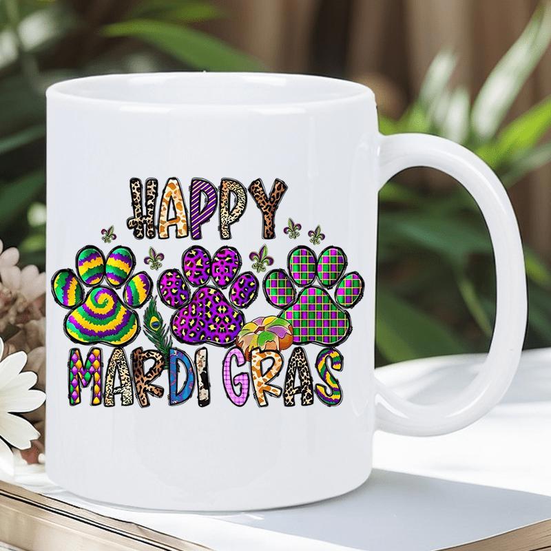 Tailorly White Ceramic 11 oz Mug - Happy Mardi Gras Festive Colorful Patterned Prints With Decorative Leopard Text And Symbols Paw