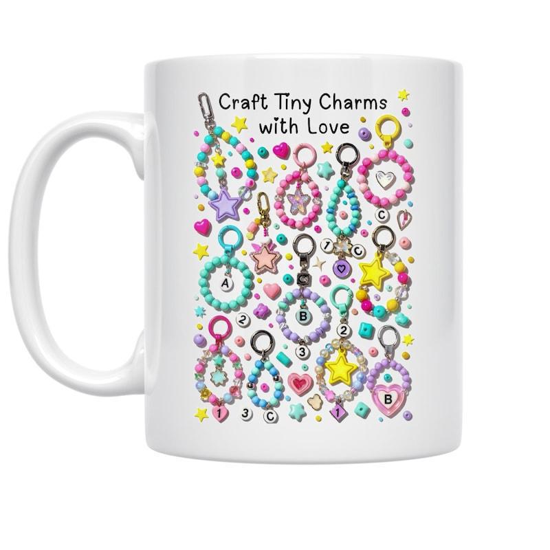 Tailorly White Ceramic 11 oz Mug - Craft Tiny Charms With Love Colorful Beaded Pastel Heart And Star Keychain Floating Within Small Stars Charm