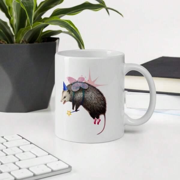 Tailorly White Ceramic 11 oz Mug - Magical Whimsical Fairy Creature With Delicate Wings And Tiny Star Wand Opossum