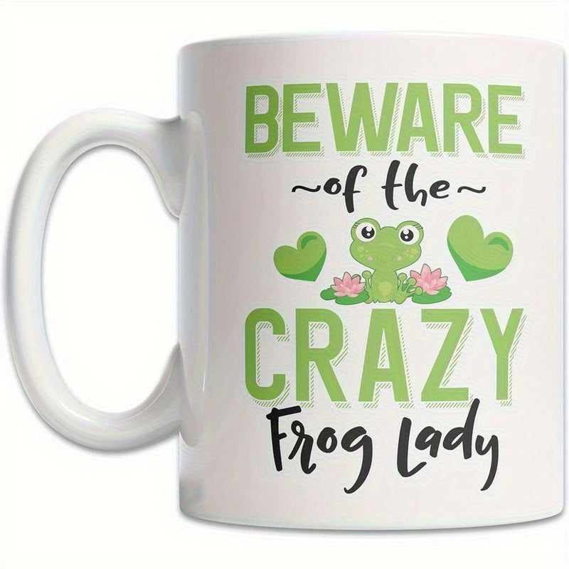 Tailorly White Ceramic 11 oz Mug - Beware Of The Crazy Frog Lady Cute Green Cartoon Amphibian Sitting Among Pink Lotus Flowers And Leaves Frog