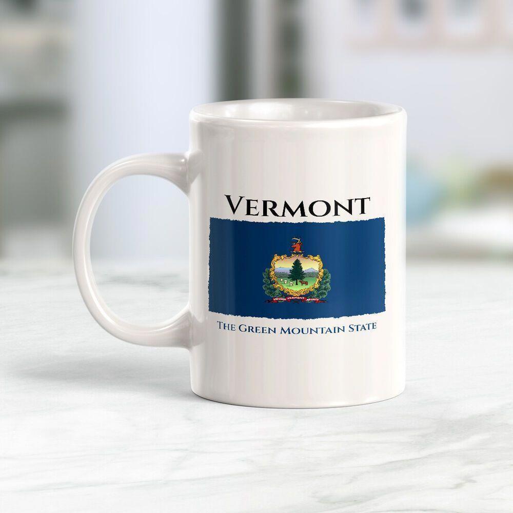 Tailorly White Ceramic 11 oz Mug - Vermont The Green Mountain State Historic Blue Emblem With Detailed Traditional Crest Flag