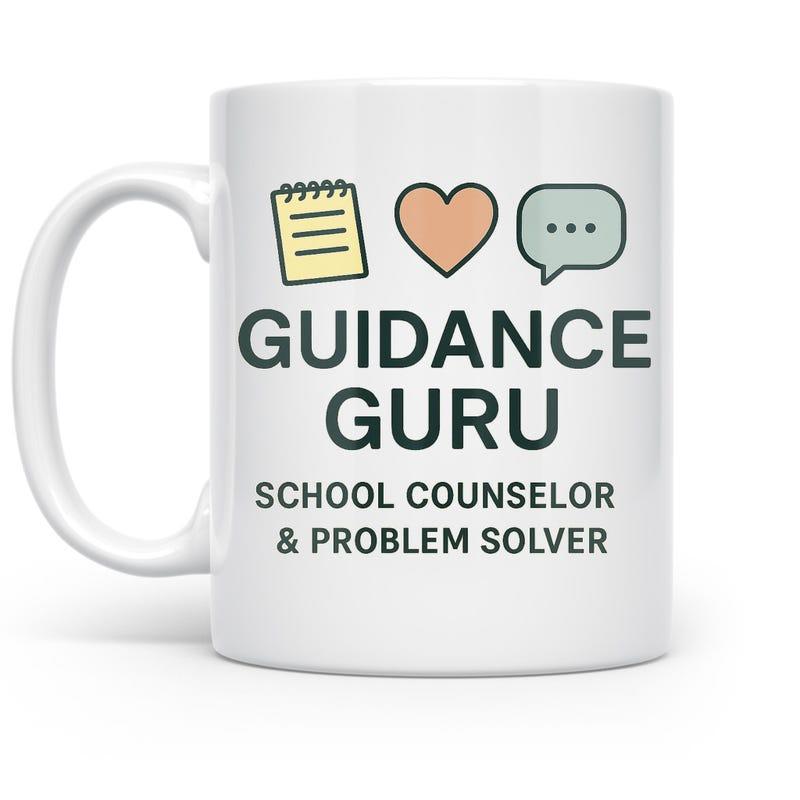 Tailorly White Ceramic 11 oz Mug - Guidance Guru School Counselor Problem Solver Simple Flat Icons Featuring Notepad Heart And Speech Bubble Symbols Mug