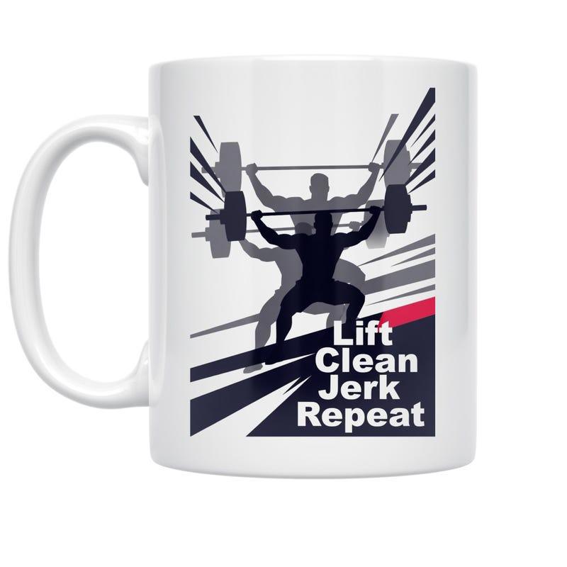 Tailorly White Ceramic 11 oz Mug - Lift Clean Jerk Repeat Powerful Athletic Silhouette Lifting Heavy Barbells With Dynamic Motion Speed Lines Weightlifter