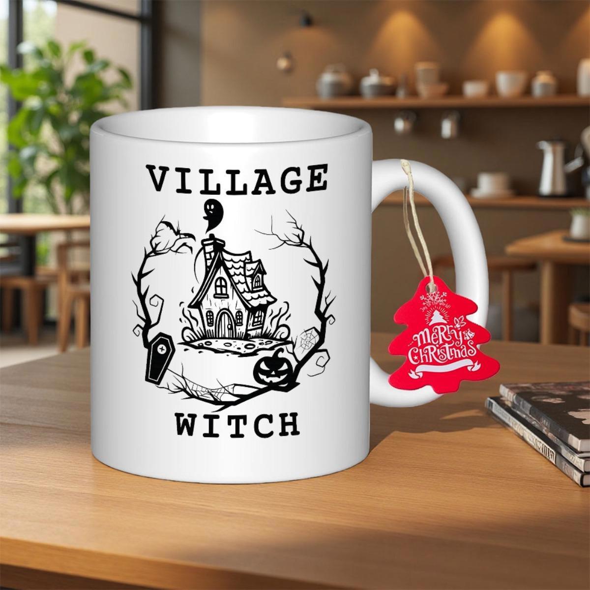 Tailorly White Ceramic 11 oz Mug - Village Witch Spooky House Among Bare Gnarled Trees And A Smiling Jack O Lantern Cottage