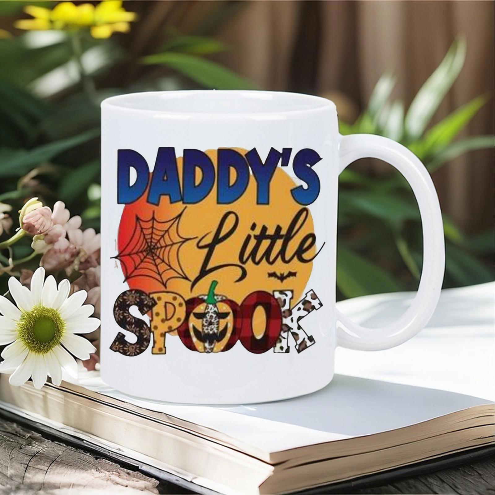 Tailorly White Ceramic 11 oz Mug - Daddys Little Spook Halloween Themed Patterns With Spider Web And Orange Moon Pumpkin