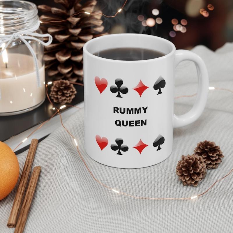 Tailorly White Ceramic 11 oz Mug - Rummy Queen Heart Club Diamond And Spade Symbols Featuring Gaming Card