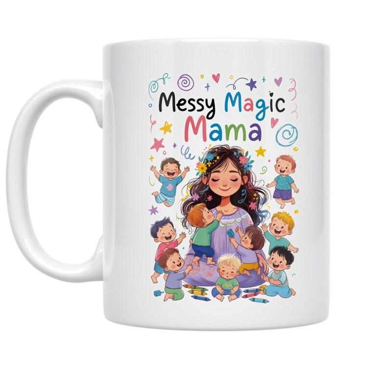 Tailorly White Ceramic 11 oz Mug - Messy Magic Mama Gentle Mother With Flower Crown Surrounded By Joyful Children Mother