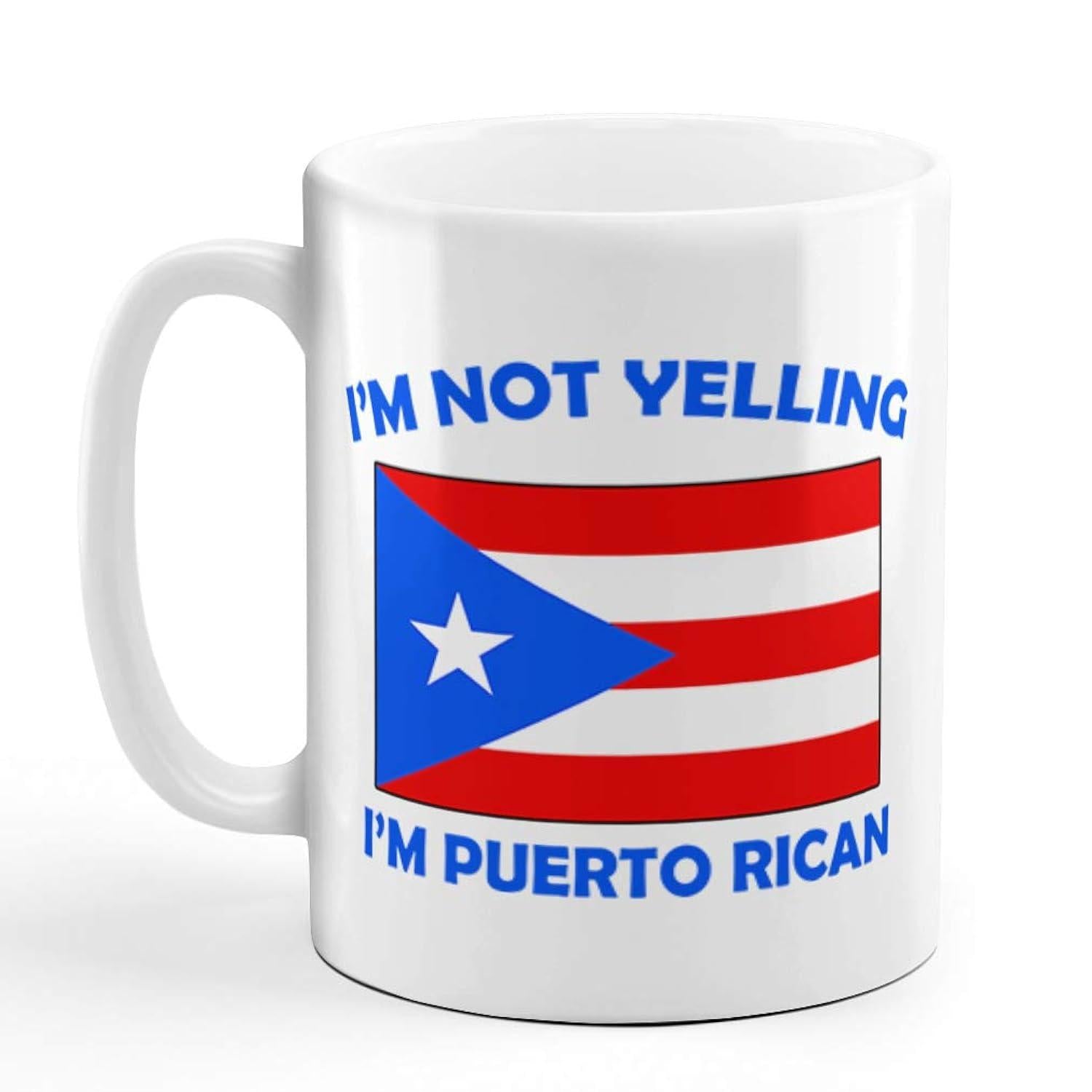 Tailorly White Ceramic 11 oz Mug - Im Not Yelling Im Puerto Rican Vibrant Red And White Stripes With Blue Triangle And Star Flag
