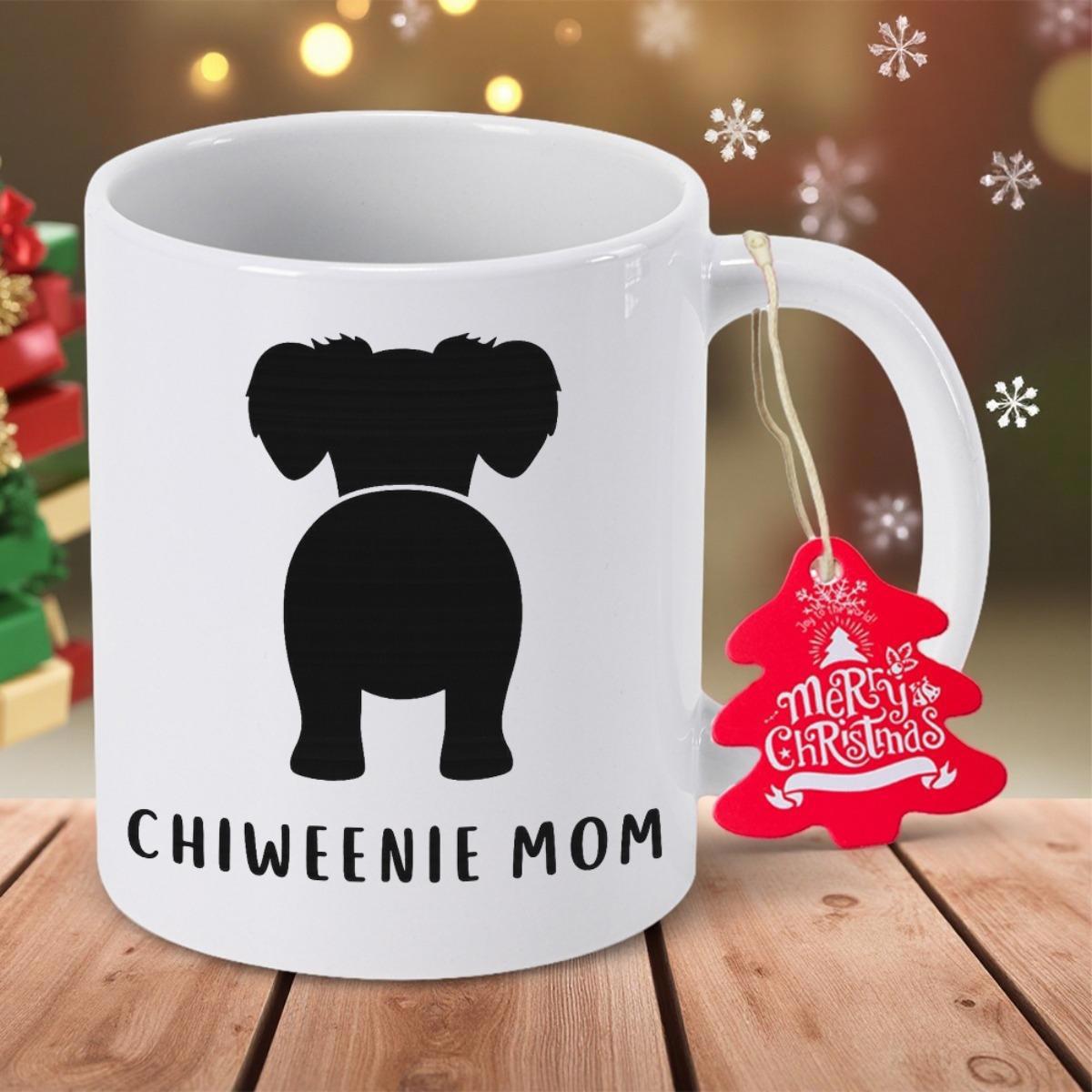 Tailorly White Ceramic 11 oz Mug - Chiweenie Mom Minimalist Black Dog Silhouette With Small Floppy Ears Seen From Behind Chiweenie