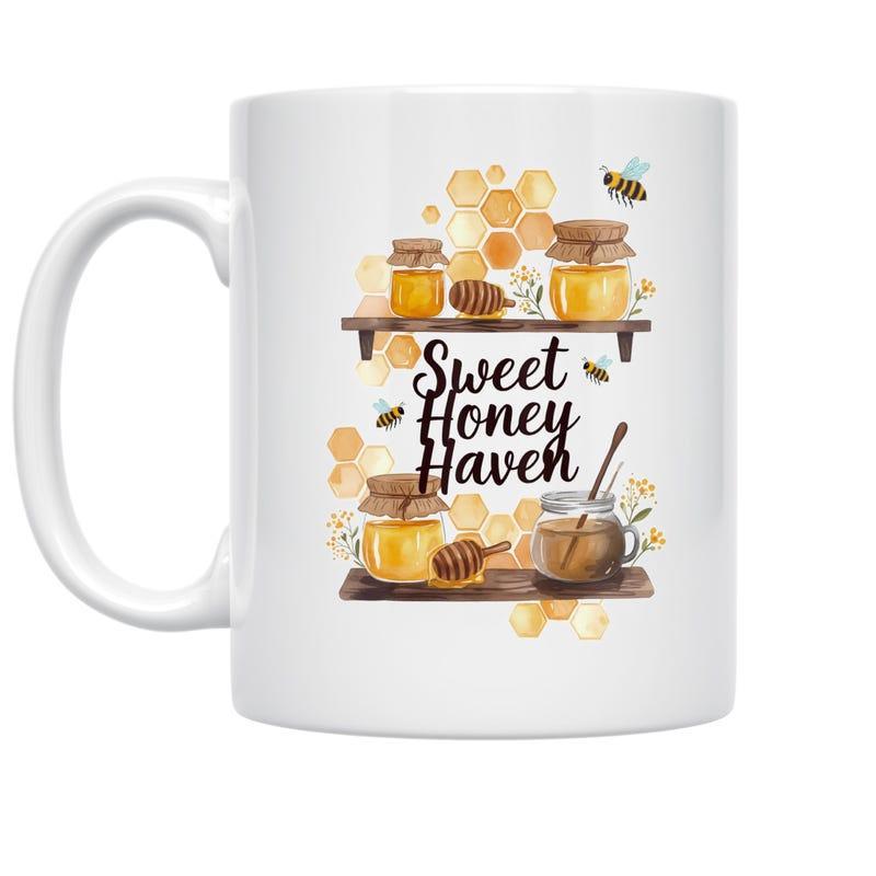 Tailorly White Ceramic 11 oz Mug - Sweet Honey Haven Watercolor Jars Of Golden Honey On Wooden Shelves With Flying Bees Honey Jar