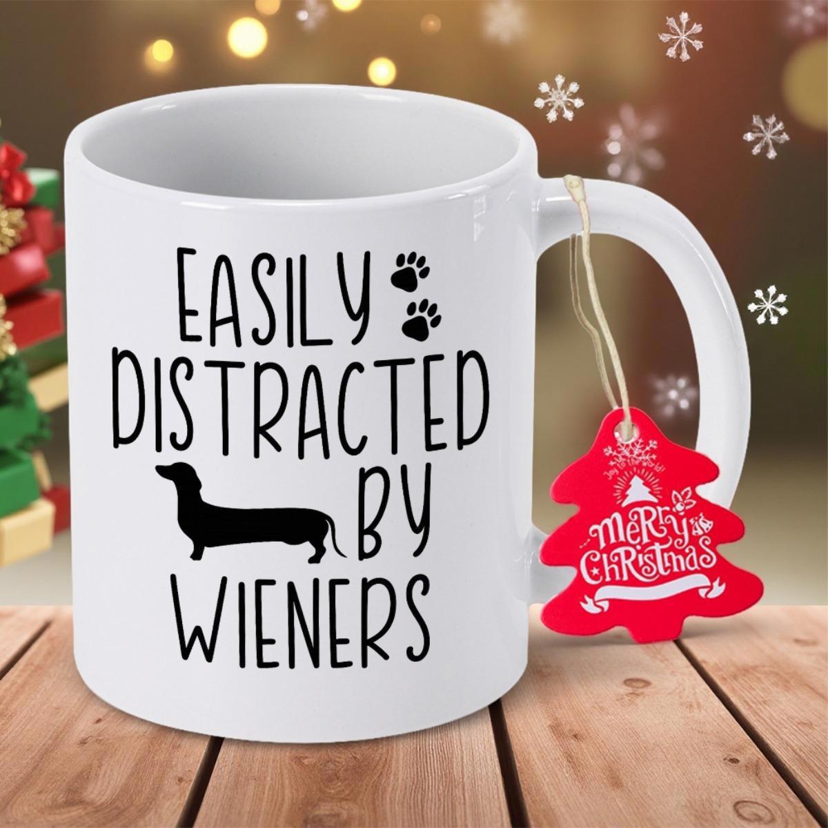 Tailorly White Ceramic 11 oz Mug - Easily Distracted By Wieners Minimalist Black Silhouette Of A Small Dachshund Among Tiny Paw Prints Dachshund