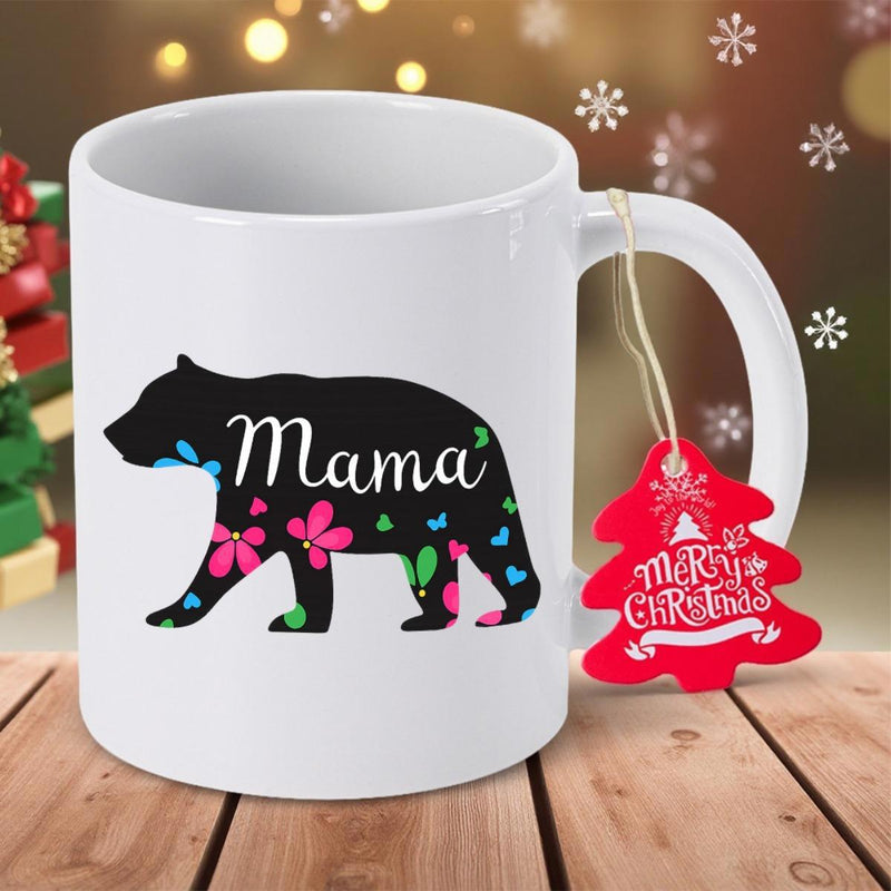 Tailorly White Ceramic 11 oz Mug - Mama Black Silhouette With Colorful Floral Patterns And Hearts Bear