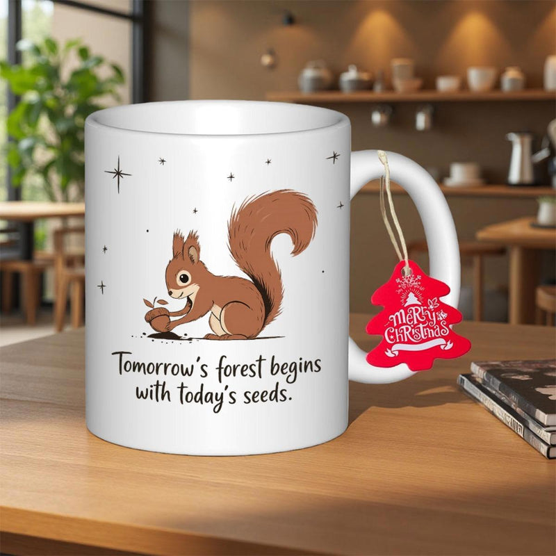 Tailorly White Ceramic 11 oz Mug - Tomorrows Forest Begins With Todays Seeds Cute Brown Squirrel Planting Acorn Under Tiny Magic Stars Squirrel