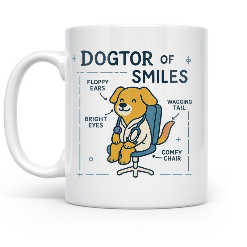 Tailorly White Ceramic 11 oz Mug - Dogtor Of Smiles Floppy Ears Bright Eyes Wagging Tail Comfy Chair Cartoon Golden Retriever Wearing Doctor Lab Coat Sitting In