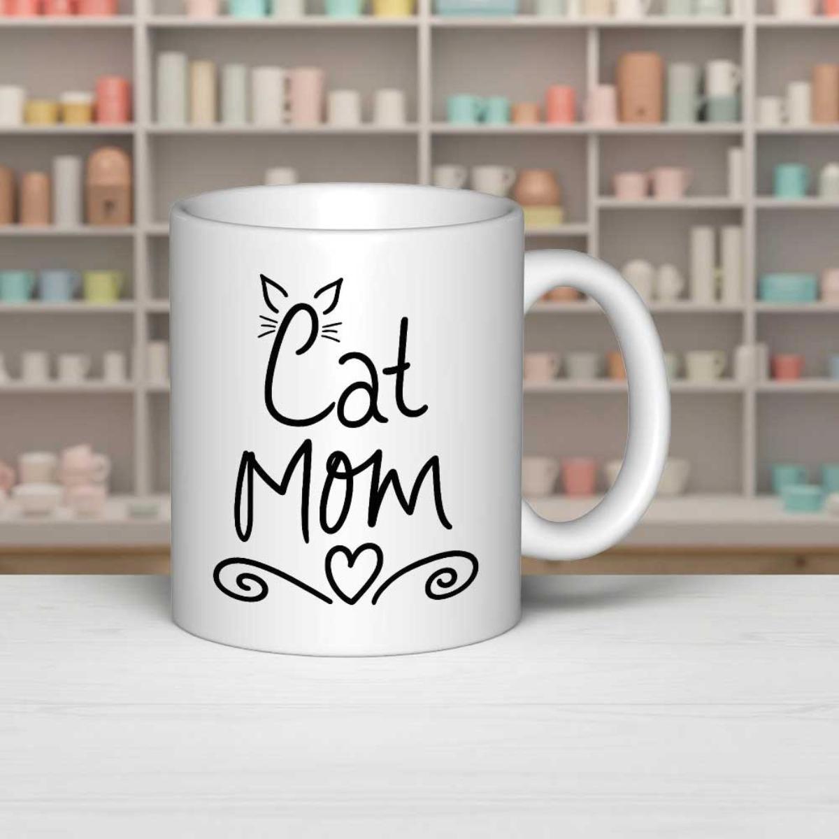 Tailorly White Ceramic 11 oz Mug - Cat Mom Simple Minimalist Design Featuring Stylized Feline Ears And Heart Cat