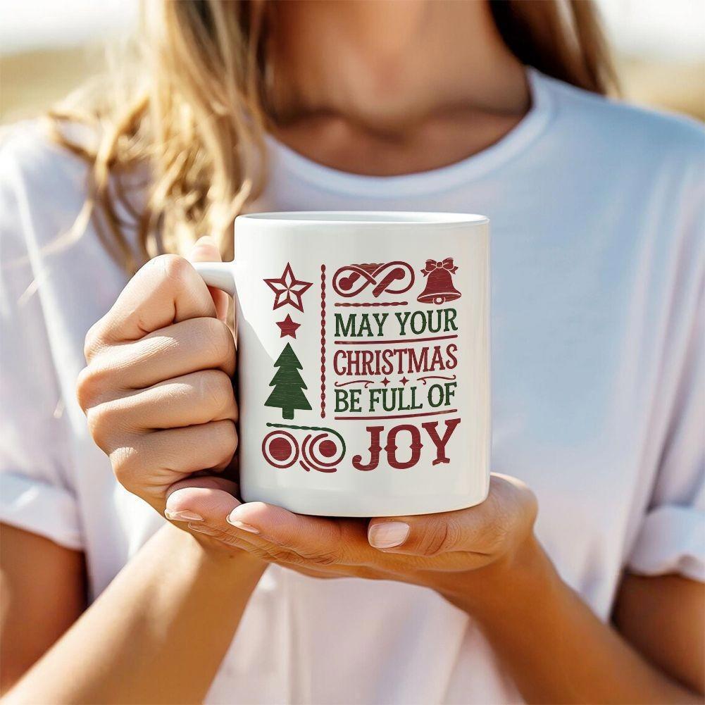 Tailorly White Ceramic 11 oz Mug - May Your Christmas Be Full Of Joy Festive Holiday Icons Including Evergreen Trees Stars And Bells Design
