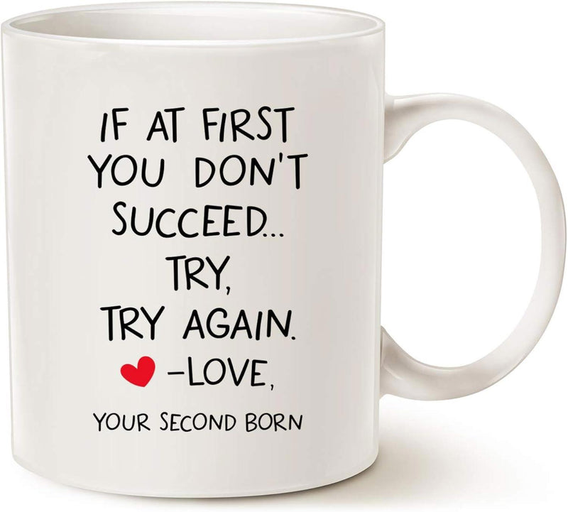 Tailorly White Ceramic 11 oz Mug - If At First You Don't Succeed Try Try Again Love Your Second Born Minimalist Red Heart Floating Near Expressive Playful