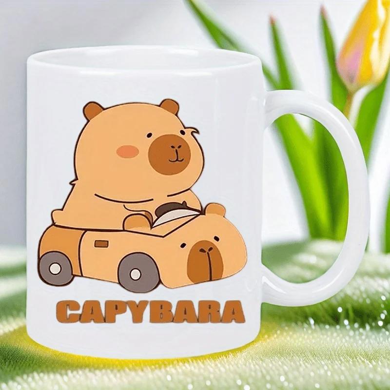 Tailorly White Ceramic 11 oz Mug - Capybara Adorable Cartoon Animal Driving A Small Personalized Animal Shaped Vehicle Cute Capybara