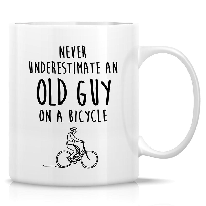 Tailorly White Ceramic 11 oz Mug - Never Underestimate An Old Guy On A Bicycle Minimalist Black Line Art Sketch Of A Person Riding Bicycle