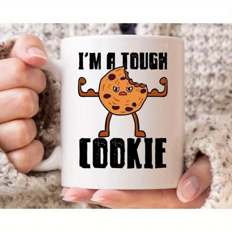 Tailorly White Ceramic 11 oz Mug - Im A Tough Cookie Strong Little Snack Flexing Its Biceps With An Intense Angry Expression Cookie