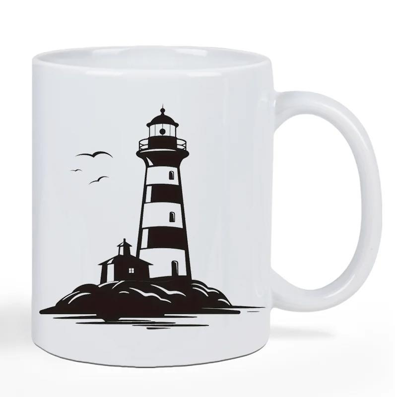 Tailorly White Ceramic 11 oz Mug - Striped Beacon Standing On Rocky Island With Birds Circling Coastal Waters Lighthouse