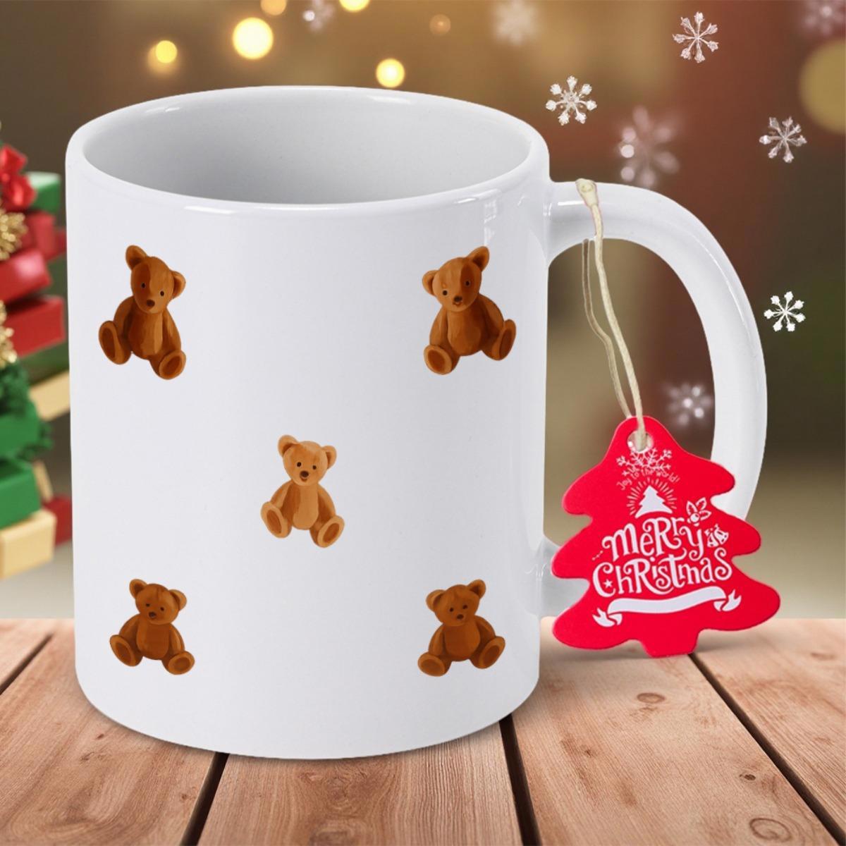 Tailorly White Ceramic 11 oz Mug - Merry Christmas Adorable Small Brown Plush Bears Arranged In Scattered Pattern Teddy Bear