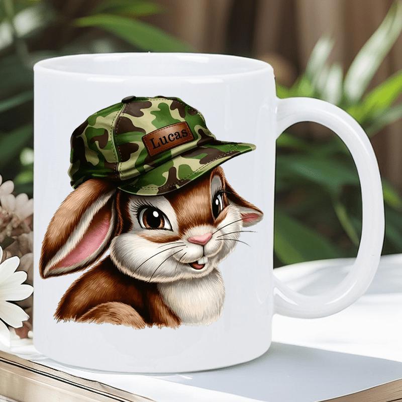 Tailorly White Ceramic 11 oz Mug - Lucas Adorable Brown Bunny Wearing Green Camouflage Hat With Big Expressive Eyes Rabbit