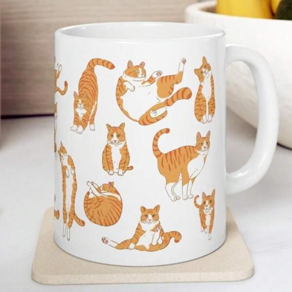 Tailorly White Ceramic 11 oz Mug - Various Playful Orange Tabby Cats Stretching And Sitting On Ceramic Cats
