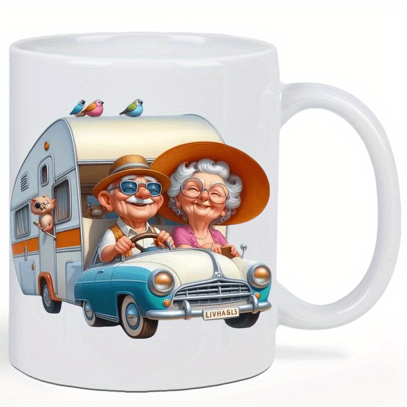 Tailorly White Ceramic 11 oz Mug - Smiling Elderly Couple Driving Vintage Blue Car Towing A Classic Camper