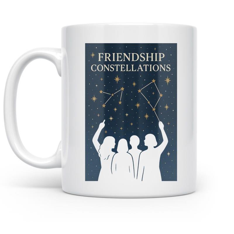 Tailorly White Ceramic 11 oz Mug - Friendship Constellations Four Friends Standing Together Gazing At The Starry Night Sky Constellation