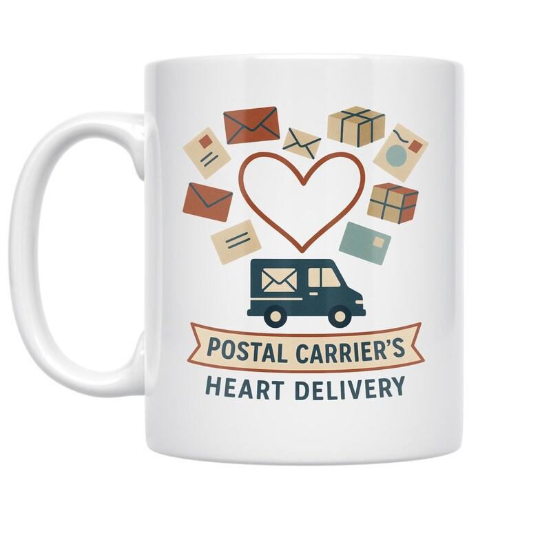 Tailorly White Ceramic 11 oz Mug - Postal Carriers Heart Delivery Small Delivery Van Surrounded By Envelopes And Parcels Around A Large Heart