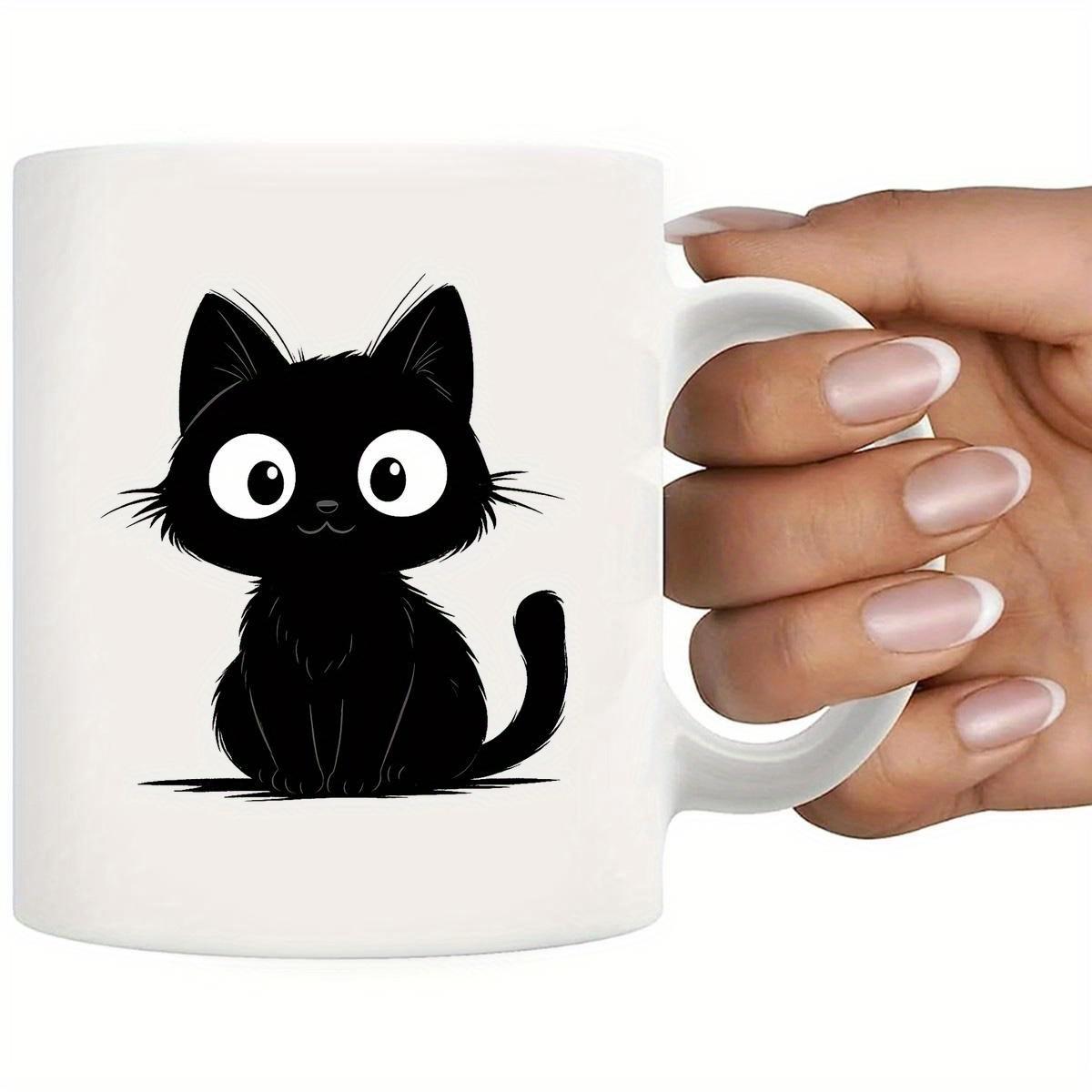 Tailorly White Ceramic 11 oz Mug - Adorable Minimalist Black Kitten Featuring Large Expressive Eyes And Small Whiskers Cat