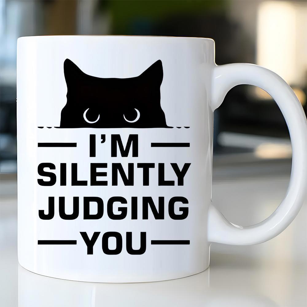 Tailorly White Ceramic 11 oz Mug - I'm Silently Judging You Minimalist Black Peeking Silhouette Peering Over Horizontal Line Cat