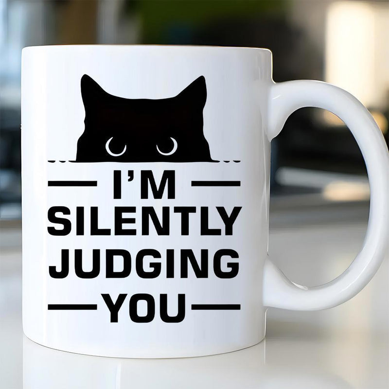 Tailorly White Ceramic 11 oz Mug - I'm Silently Judging You Minimalist Black Peeking Silhouette Peering Over Horizontal Line Cat