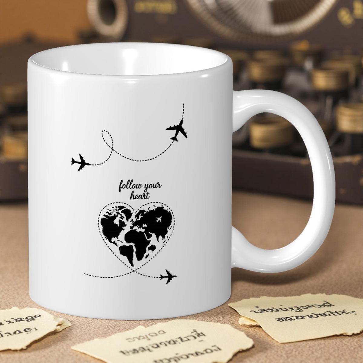 Tailorly White Ceramic 11 oz Mug - Follow Your Heart Minimalist Heart Shaped Design With Silhouetted Airplanes Flying Around World Map