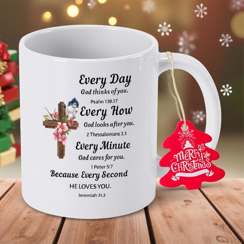 Tailorly White Ceramic 11 oz Mug - Every Day God Thinks Of You Rustic Wooden Cross Adorned With Pink Flowers And Small Blue Bird Cross