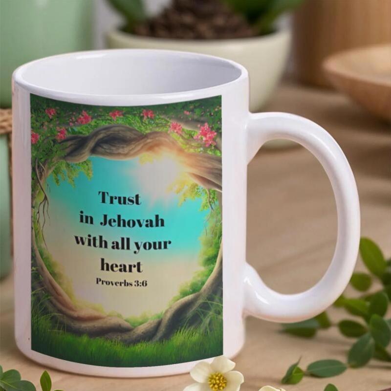 Tailorly White Ceramic 11 oz Mug - Trust In Jehovah With All Your Heart Proverbs 3 5 Blooming Flowers Among Green Vines Surrounding A Radiant Morning Sky Mug