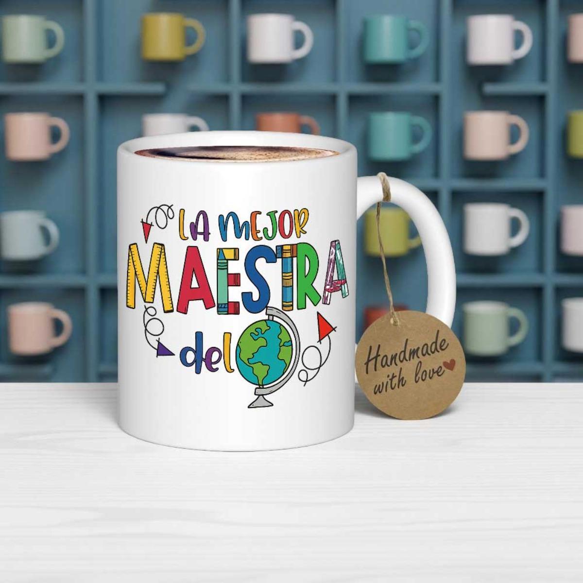 Tailorly White Ceramic 11 oz Mug - Hand Drawn Colorful Letters Floating Around A Small Educational Desk Globe