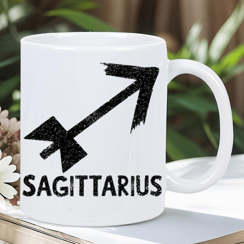 Tailorly White Ceramic 11 oz Mug - Sagittarius Distressed Black Astrological Symbol With Textured Grunge Finish Diagonal Arrow